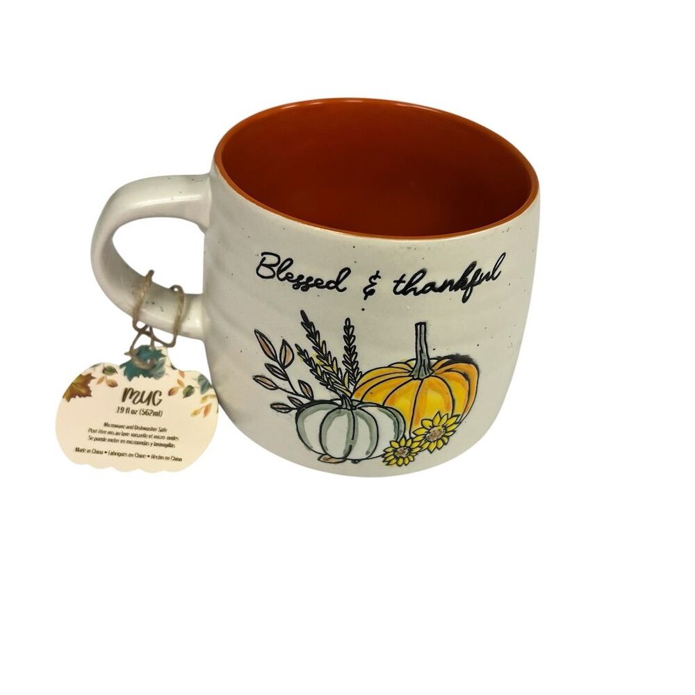 Autumn Pumpkin Sunflower Blessed & Thankful Ceramic Mug 19 oz Thanksgiving Gift